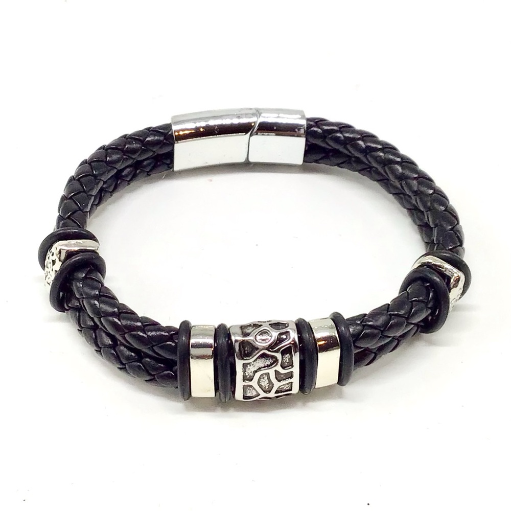 Men's Black and Silver Leather Bracelet